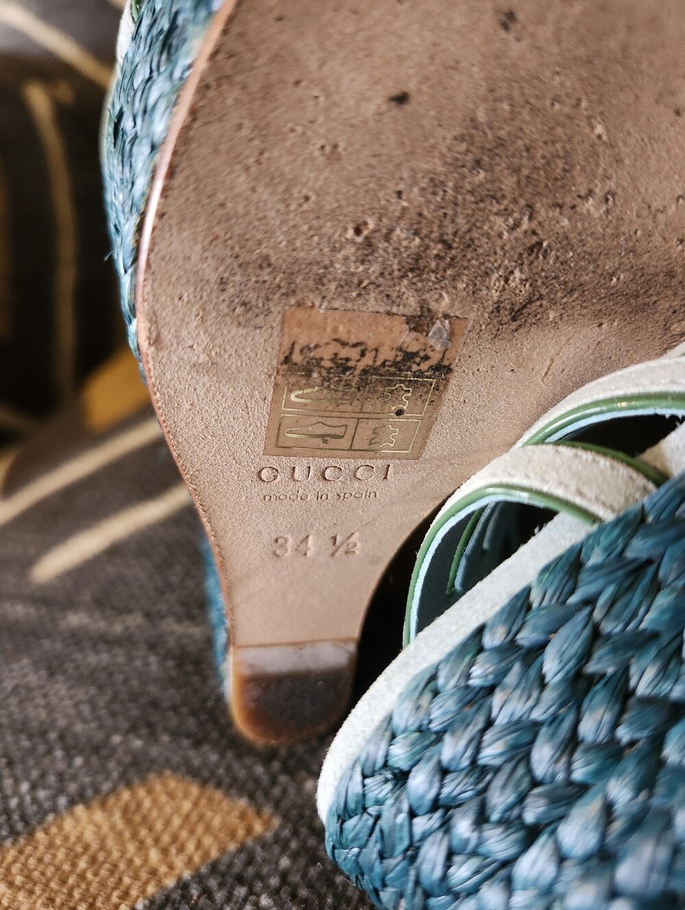 Sale✨ GUCCI Rare Vtg Y2K Teal Raffia Espadrille Platform Wedges 34.5 Near Mint - Picture 9 of 9